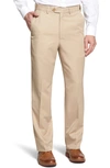 Berle Self Sizer Waist Flat Front Classic Fit Microfiber Trousers In Tan