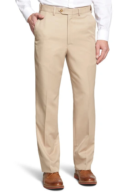 Berle Self Sizer Waist Flat Front Classic Fit Microfiber Trousers In Tan