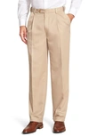 Berle Self Sizer Waist Pleated Classic Fit Microfiber Trousers In Tan
