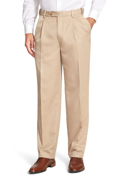 Berle Self Sizer Waist Pleated Classic Fit Microfiber Trousers In Tan