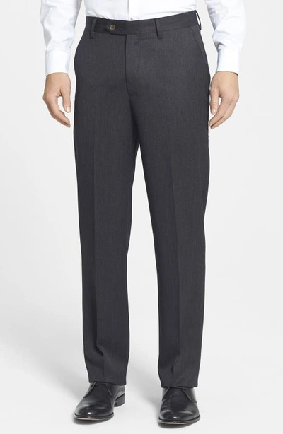 Berle Flat Front Classic Fit Wool Gabardine Dress Trousers In Charcoal