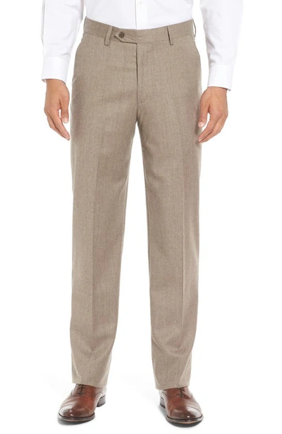 Berle Lightweight Flannel Flat Front Classic Fit Dress Trousers In Heather Tan