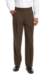 Berle Self Sizer Waist Pleated Lightweight Plain Weave Classic Fit Trousers In Brown