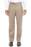 Berle Lightweight Flannel Pleated Classic Fit Dress Trousers In Heather Tan
