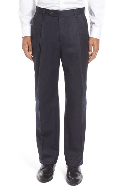 Berle Lightweight Flannel Pleated Classic Fit Dress Trousers In Heather Navy