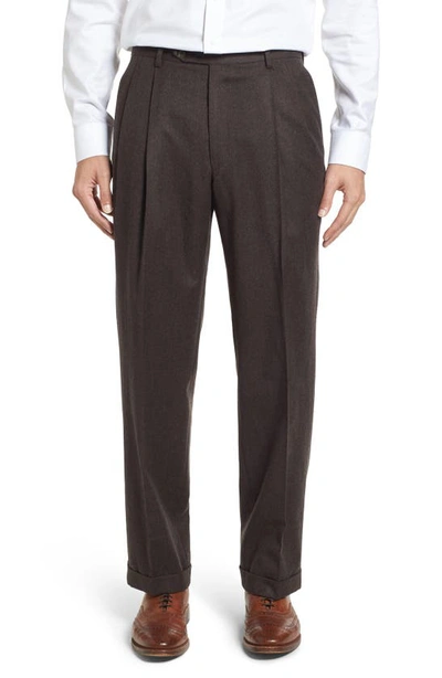 Berle Lightweight Flannel Pleated Classic Fit Dress Trousers In Heather Brown