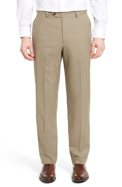 Berle Lightweight Plain Weave Flat Front Classic Fit Trousers In Tan