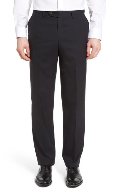 Berle Lightweight Plain Weave Flat Front Classic Fit Trousers In Navy