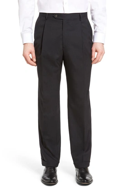 Berle Lightweight Plain Weave Pleated Classic Fit Trousers In Charcoal