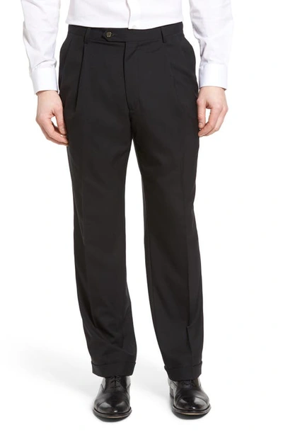 Berle Lightweight Plain Weave Pleated Classic Fit Trousers In Black