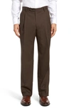 Berle Lightweight Plain Weave Pleated Classic Fit Trousers In Brown