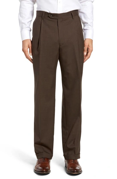 Berle Lightweight Plain Weave Pleated Classic Fit Trousers In Brown
