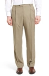 Berle Lightweight Plain Weave Pleated Classic Fit Trousers In Tan