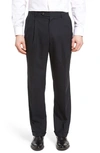 Berle Lightweight Plain Weave Pleated Classic Fit Trousers In Navy