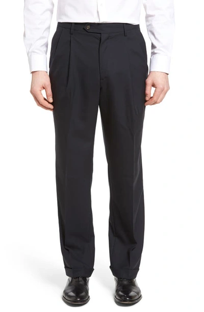 Berle Lightweight Plain Weave Pleated Classic Fit Trousers In Navy