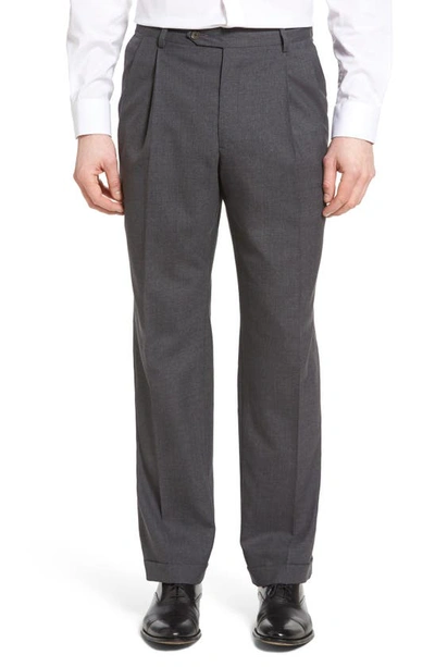 Berle Lightweight Plain Weave Pleated Classic Fit Trousers In Grey
