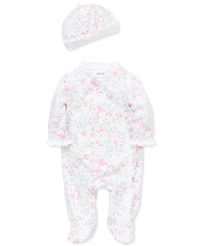 Little Me Baby Girls Floral Footed Coverall And Hat, 2 Piece Set In Bright Pink
