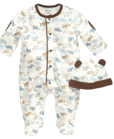Little Me Baby Boys Cute Puppies Hat And Footed Coveralls Set In White Print