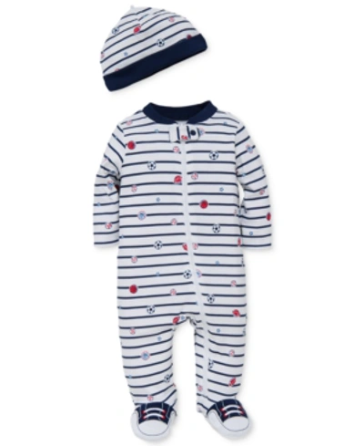 Little Me Baby Boys Sports Footed Coverall And Hat, 2 Piece Set In Navy Stripe