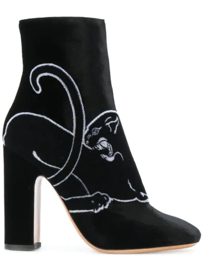 Valentino Garavani Panther-embroidered Velvet Boot, Black