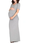 Nom Maternity Heidi Ruched Maxi Maternity Dress In Charcoal Microstripe