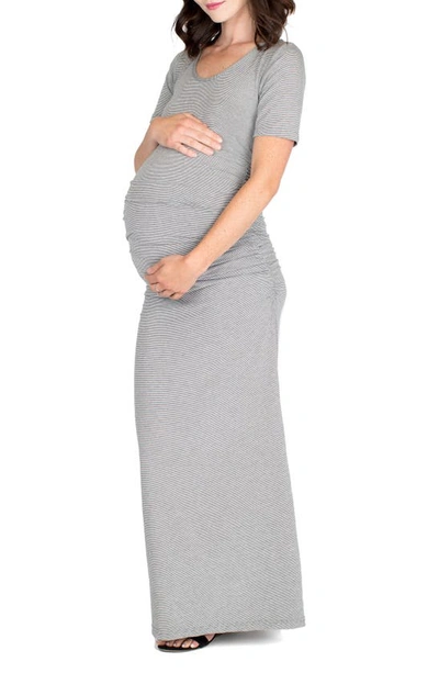 Nom Maternity Heidi Ruched Maxi Maternity Dress In Charcoal Microstripe