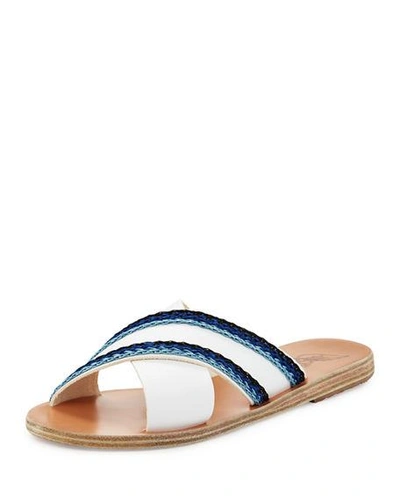 Ancient Greek Sandals Thais Raffia Denim Flat Slide Sandal In White/blue