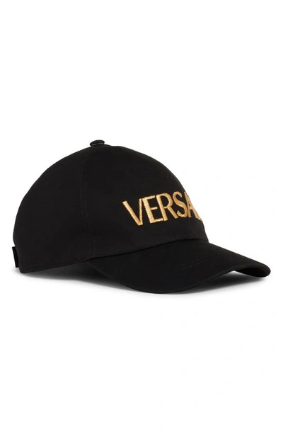 Versace First Line Metallic Logo Baseball Cap In Nero/ Oro