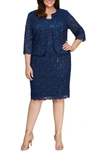 Alex Evenings Sequin Lace Sheath Dress & Chiffon Jacket In Navy Blue