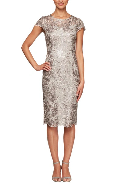 Alex Evenings Short Embroidered Cap Sleeve Dress With Illusion Neckline In Taupe Beige
