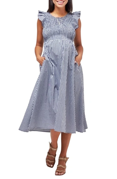 Nom Maternity Harper Smocked During + After Dress In Navy Gingham In White