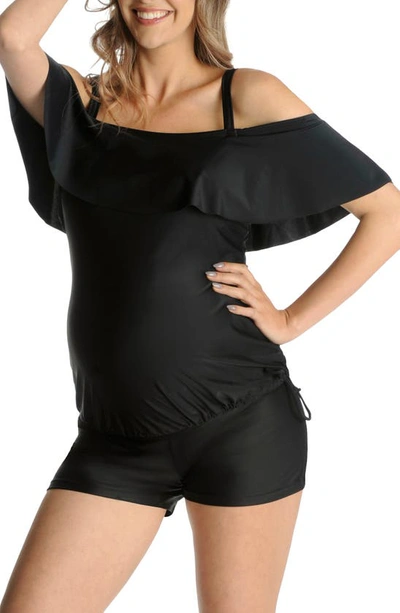 Mermaid Maternity Ruffle Maternity Tankini Top In Black