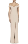 Dessy Collection Off-the-shoulder Short-sleeve Column Gown W/ Slit In Brown
