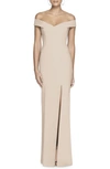 Dessy Collection Off-the-shoulder Short-sleeve Column Gown W/ Slit In Cameo