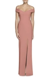 Dessy Collection Off-the-shoulder Criss Cross Back Trumpet Gown In Pink