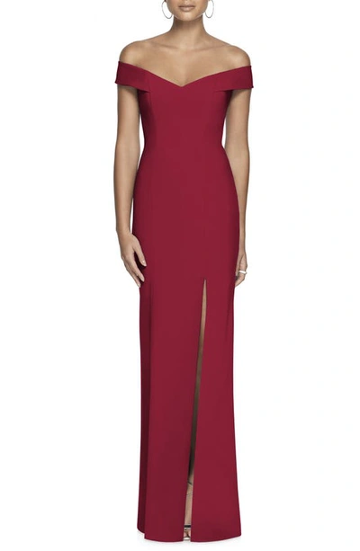 Dessy Collection Off-the-shoulder Criss Cross Back Trumpet Gown In Burgundy