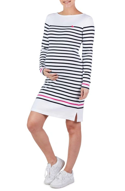 Cache Coeur Maternity C Est La Vie Stripe Shirt Dress In White/ Marine