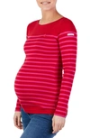 Cache Coeur X Armor Lux C'est La Vie Stripe Organic Cotton Maternity Top In Red/ Fuschia