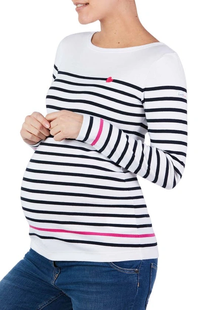 Cache Coeur X Armor Lux C'est La Vie Stripe Organic Cotton Maternity Top In White/ Marine