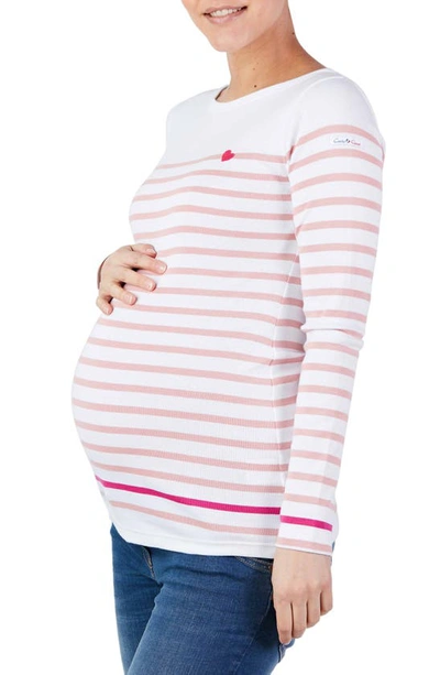 Cache Coeur X Armor Lux C'est La Vie Stripe Organic Cotton Maternity Top In White/ Pink