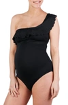 Cache Coeur Bloom One-shoulder One-piece Maternity Swimsuit In Black