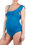 Cache Coeur Bloom One-shoulder One-piece Maternity Swimsuit In Retro Blue