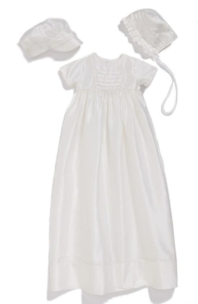 Little Things Mean A Lot Babies' Dupioni Christening Gown With Hat And Bonnet Set In White