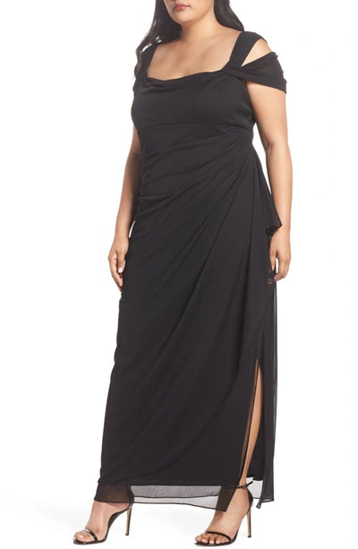 Alex Evenings Cold Shoulder Ruffle Gown In Black