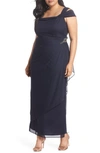 Alex Evenings Plus Size Embellished Cold-shoulder Gown In Navy