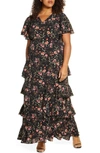 Kiyonna Tour De Flounce Tiered Maxi Dress In Botanical Print