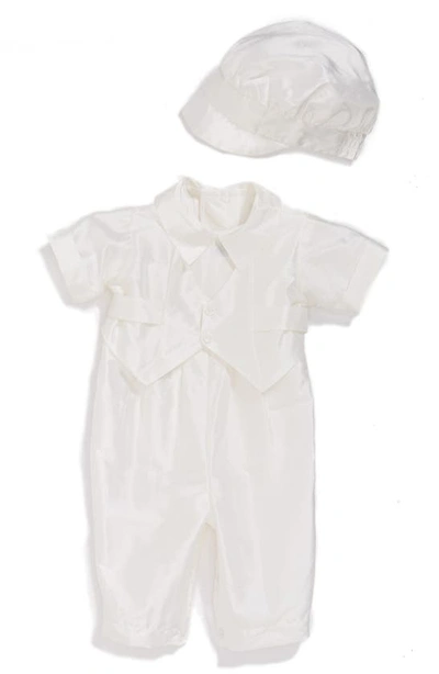 Little Things Mean A Lot Babies' Silk Dupioni Romper And Hat Set In White