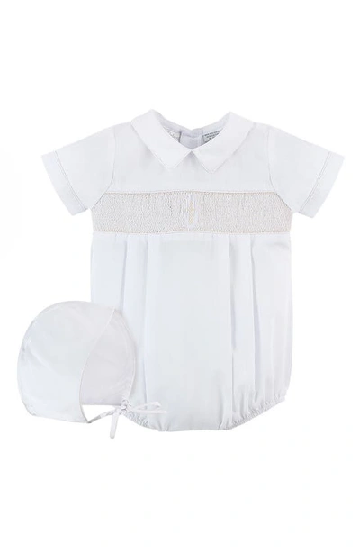 Carriage Boutique Babies'  Smocked Christening Bodysuit & Bonnet Set In White