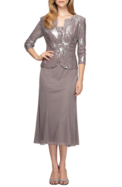 Alex Evenings Sequin Midi Dress With Jacket In Pewter Frost