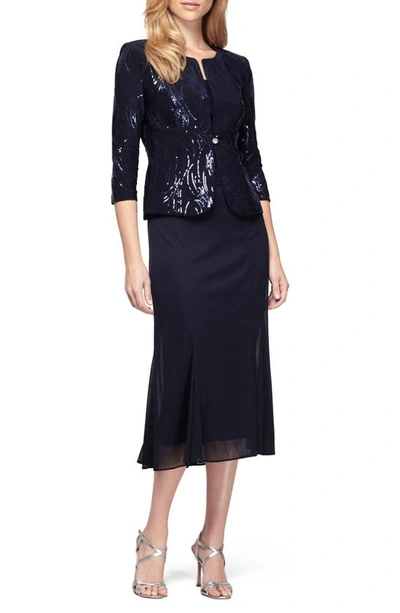 Alex Evenings Petite Sequined Midi Dress And Jacket In Navy